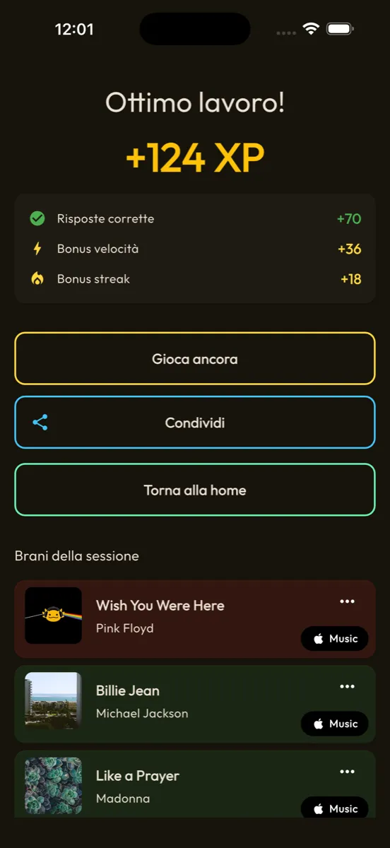 Riepilogo di fine partita di AxoBeat con XP e brani della sessione