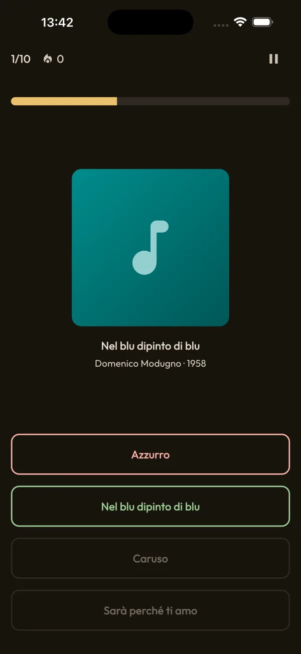 Schermata quiz AxoBeat con copertina, brano e quattro risposte